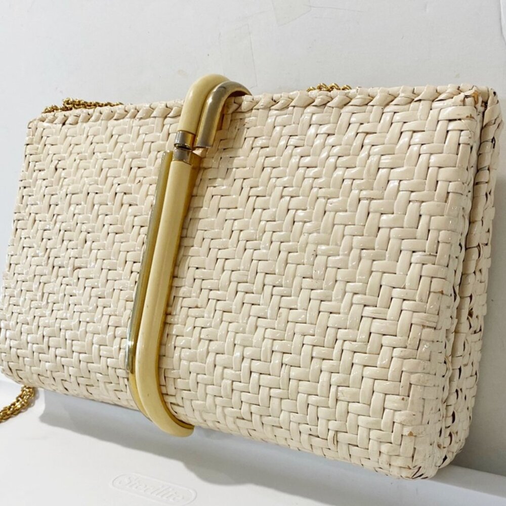Rodo Vintage Handbag Ivory Glazed Woven Wicker Deco Bakelite Clasp Bag Italy
